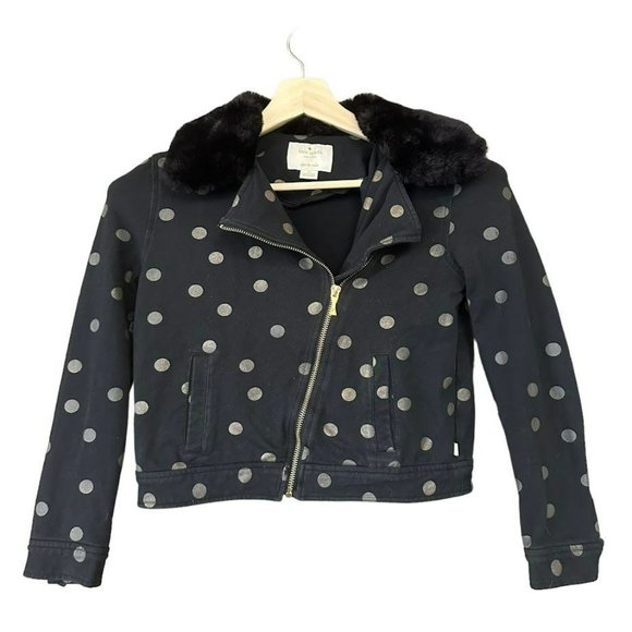 Kate Spade Black Gold Polka Dot Fur Collar Cropped Moto Jacket Girls 12 - Picture 1 of 5